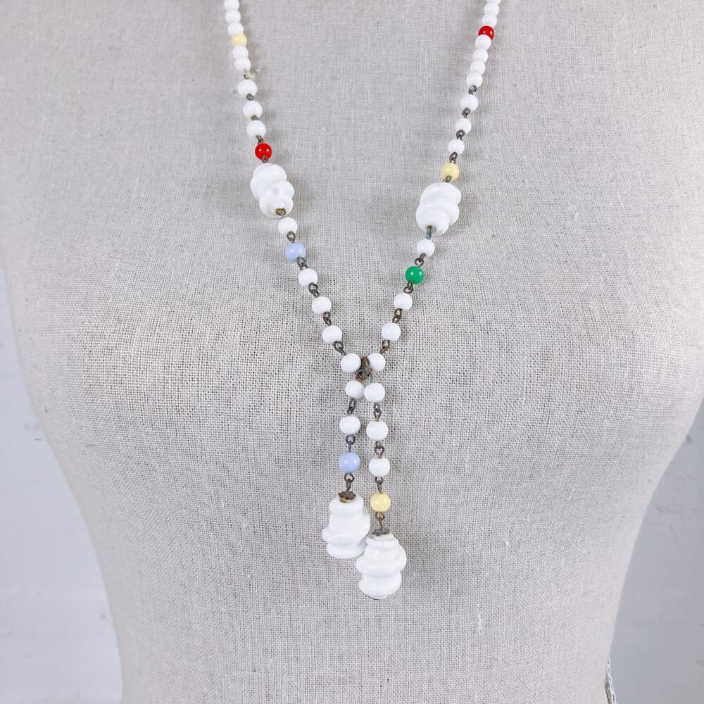 Vintage Milk Glass Lariat Necklace Long Knotted Beaded Y Drop Fun Folk Art Style - Picture 12 of 13